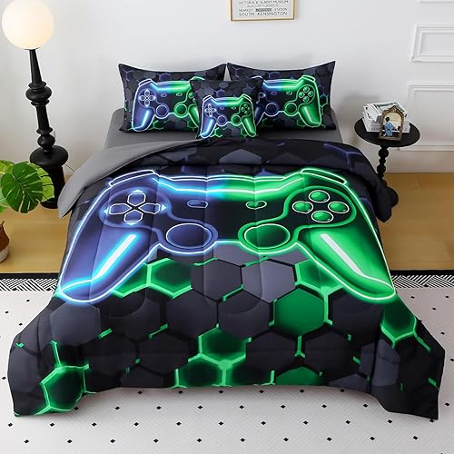 Miniatura 9 de JQinHome Juego de edredón individual para jugadores para niños y niñas, juego de ropa de cama de 6 piezas en una bolsa 3D de videojuegos - Edredón