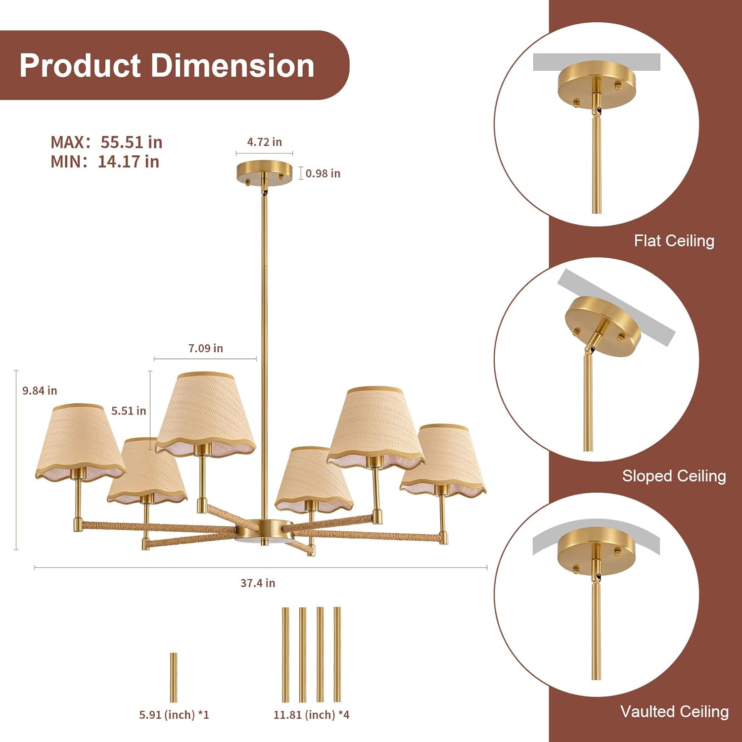 6-Light Boho Rattan Chandelier 37.4" Large Boho Light Fixture Gold Farmhouse Coastal Chandeliers with Hand Woven Lampshade for Dining Room Kitchen Island Living Room Bedroom Foyer