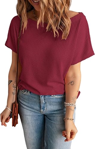 KINLONSAIR Women's Waffle Short Sleeve T Shirt Casual Loose Boat Neck Summer Tee