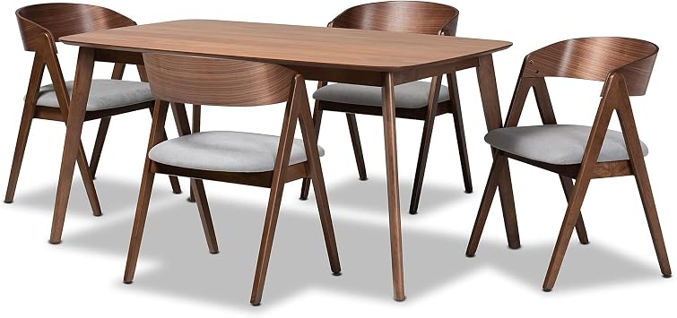 Baxton Studio Danton Mid-Century Modern Grey Fabric Upholstered and Walnut Brown Finished Wood 5-Piece Dining Set