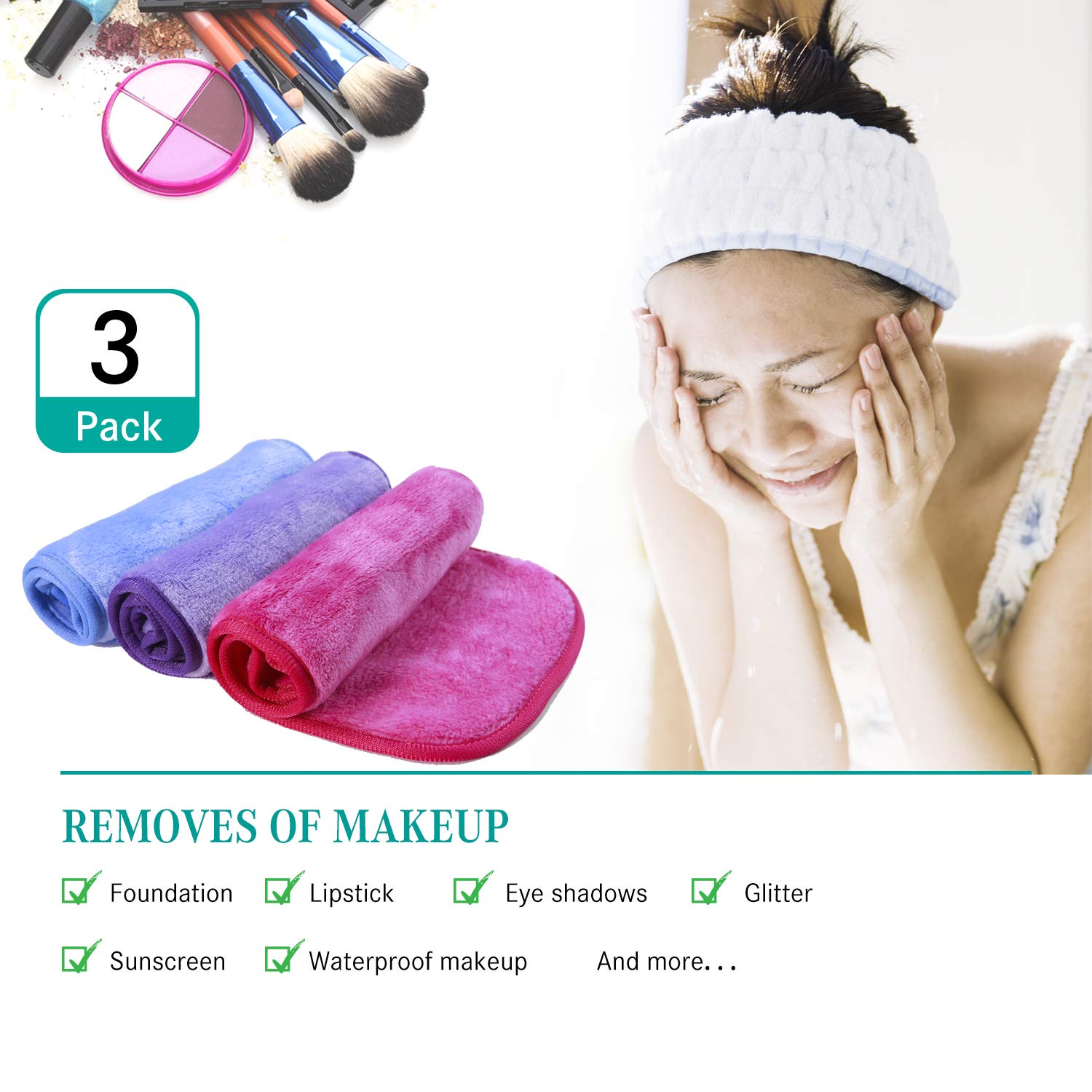 Nugilla Microfiber Face Cloths Remove Makeup - Reusable Makeup Removing Cloths for All Skin Types - Eco Facial Cleansing Washcloth, 3 Pack (7.8 x 14 in, Muti-Colors)