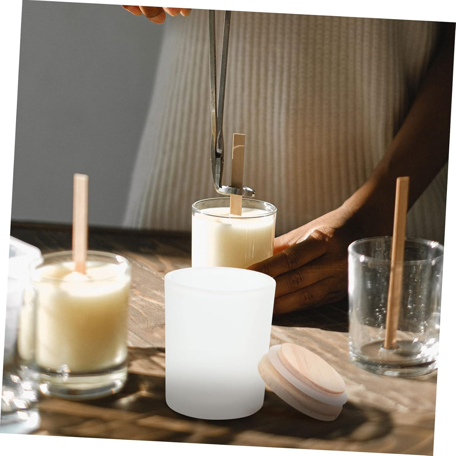 GLSTOY 22pcs Scented Candle Cups Matte White Candle Containers Wooden Lids for Home Decor and Relaxation for Making Custom