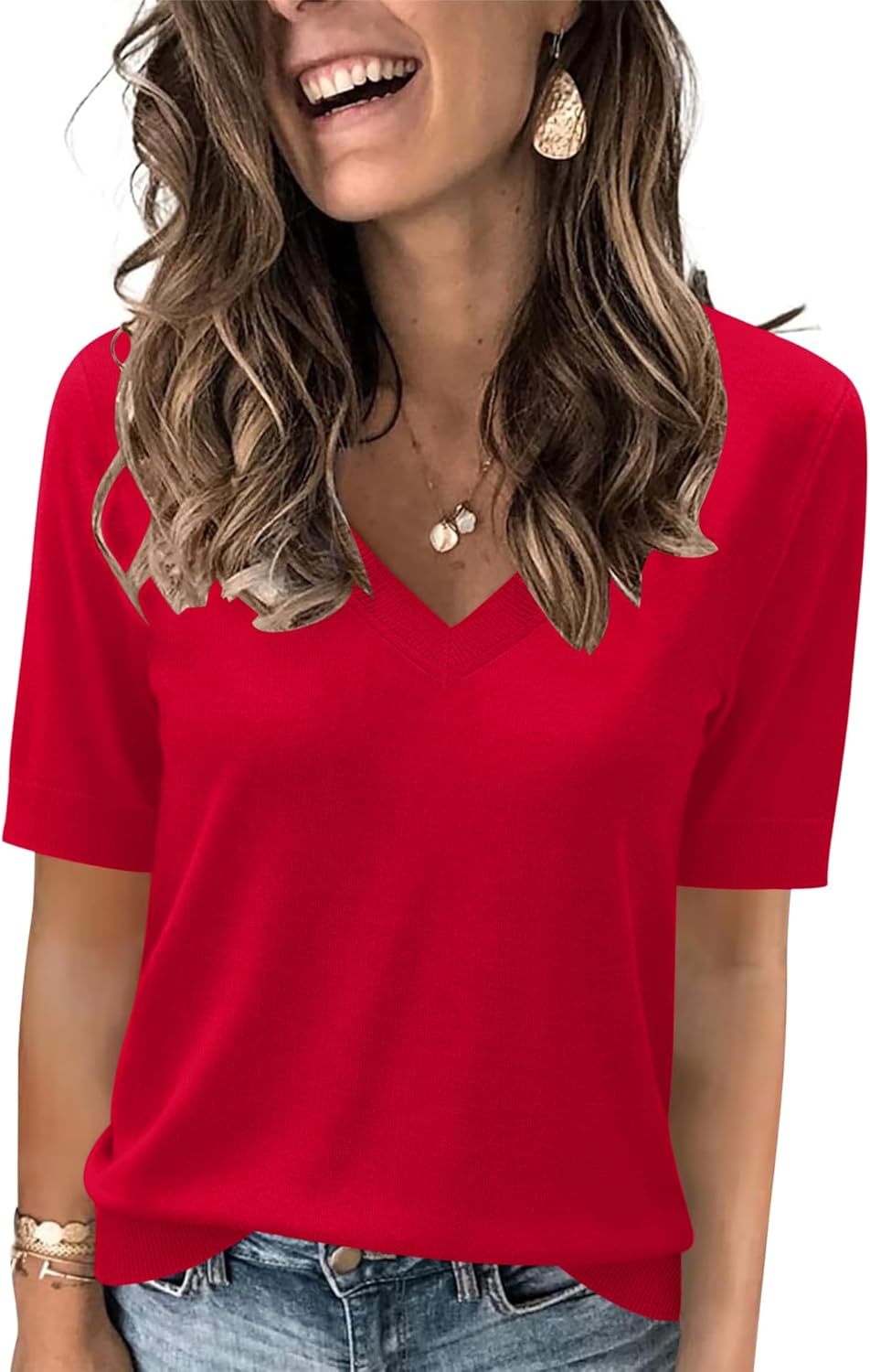 Rapbin Womens Short Sleeve Sweater Summer V Neck Tops Casual Knit Shirts Lightweight Pullover Top