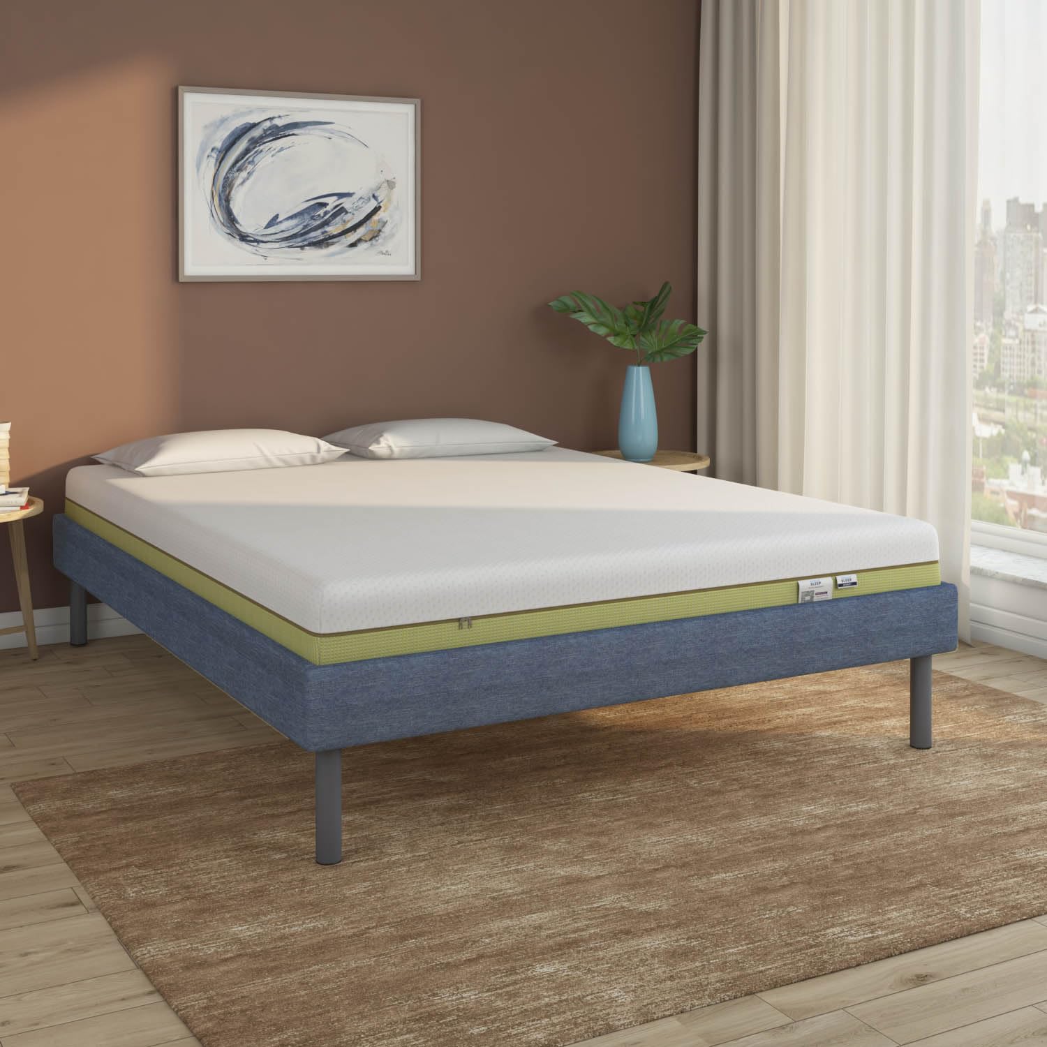 Nilkamal Sleep Queen Size Velvette Upholstered Bed with ECOAIR Latex Mattress (Blue, 78x60x6)-image-42