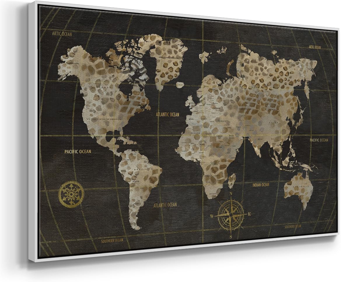 Renditions Gallery History Wall Art Floater Framed Paintings Safari World Map Canvas Art Decorations for Bedroom Office Kitchen - 17"X25" White Frame GAL003
