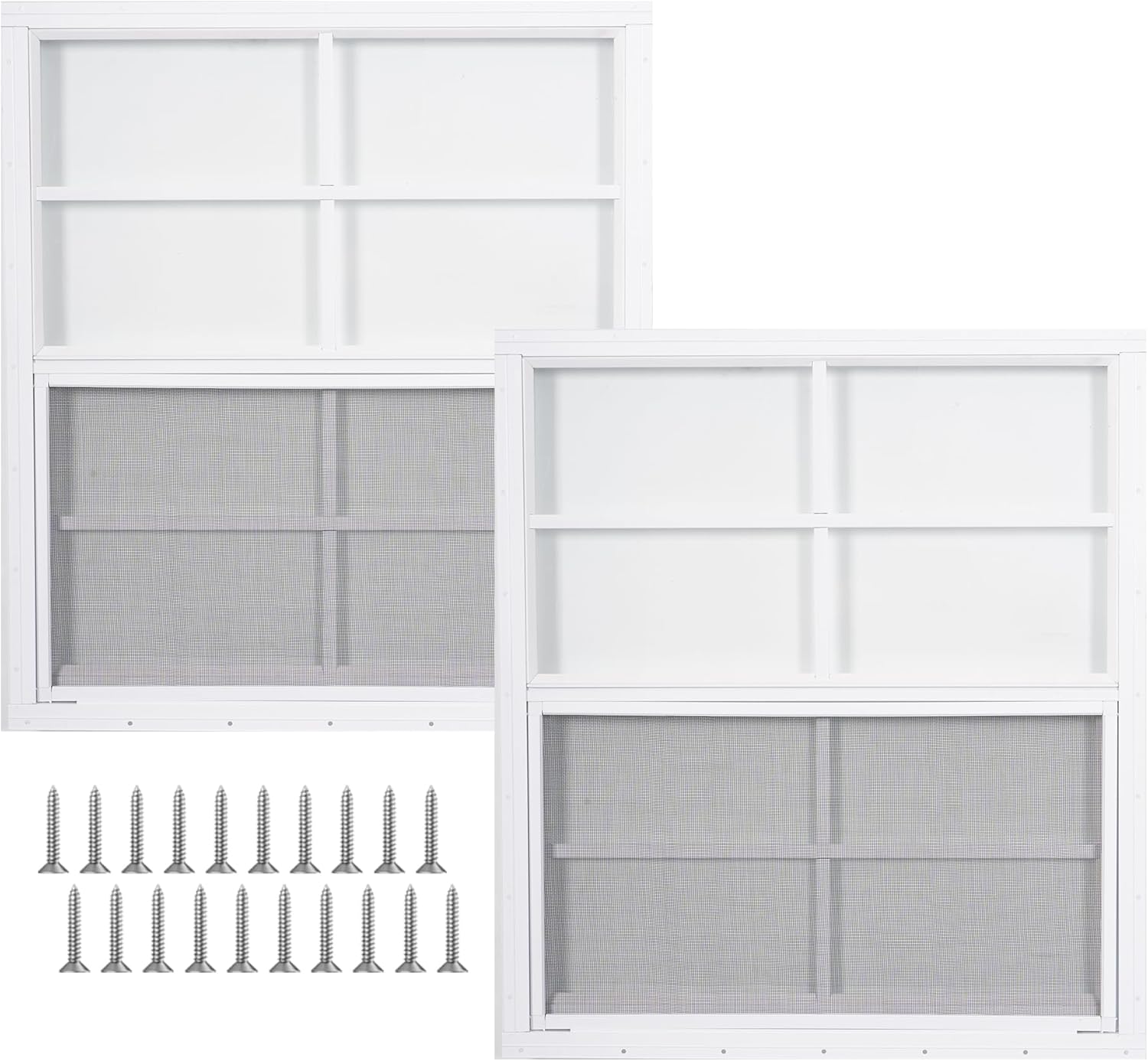 2 Pcs 24"x27" White Shed Windows with Tempered Glass & Fiberglass Screen - Flush Mount Sliding Windows for Chicken Coop, Playhouse, Garage (Weatherproof & Easy Install)
