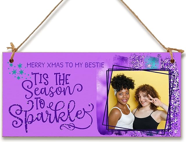 Personalised Wooden Plaque with Photo Merry Christmas Season to Sparkle Friendship Bestie BFF Gift Hanging Door Sign
