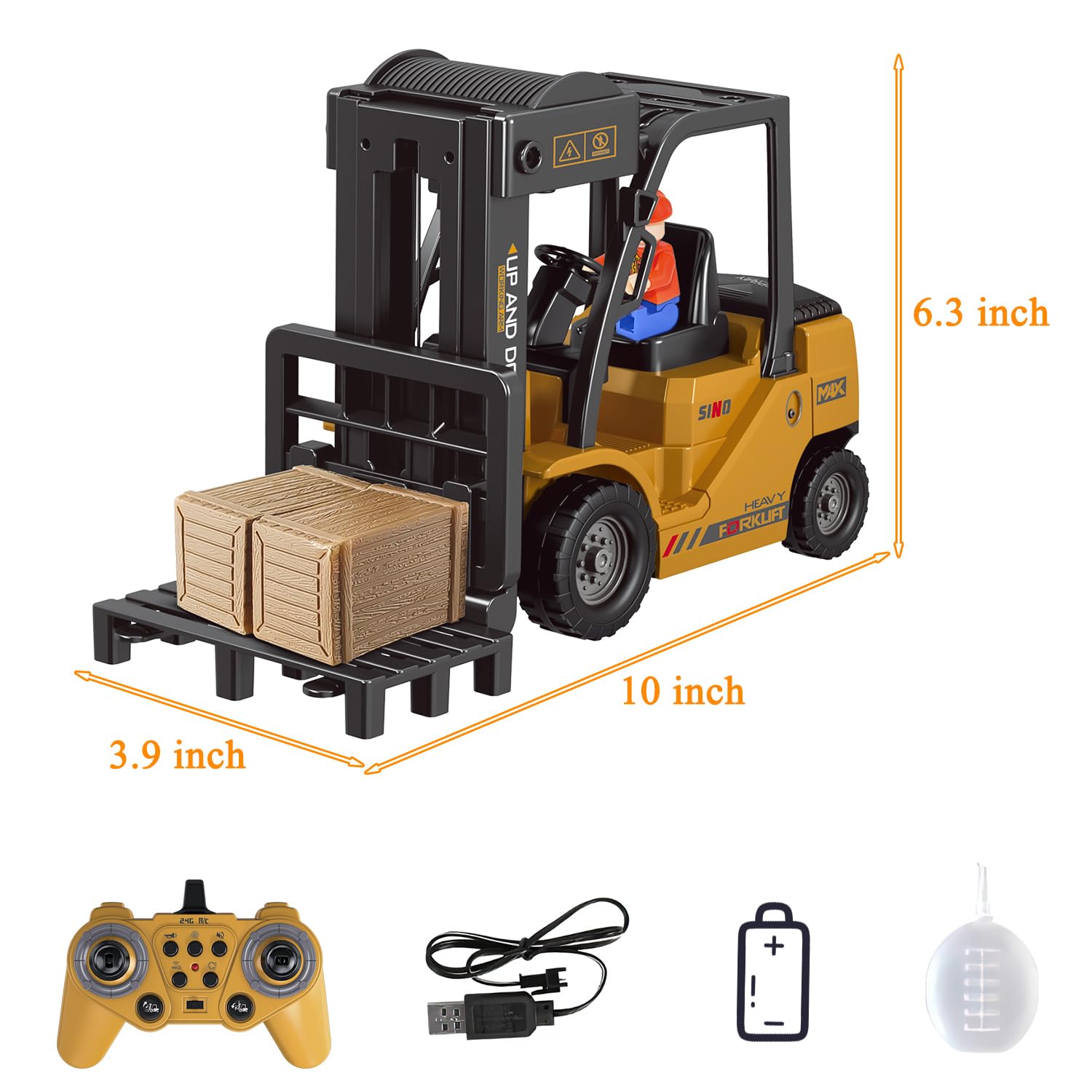 Mostop carrello elevatore telecomandato, 1/24 Rc carrello elevatore giocattolo, con scatole/spray suono e luce, due batterie ricaricabili e caricabatterie, auto tecnica giocattolo ragazzo regalo
