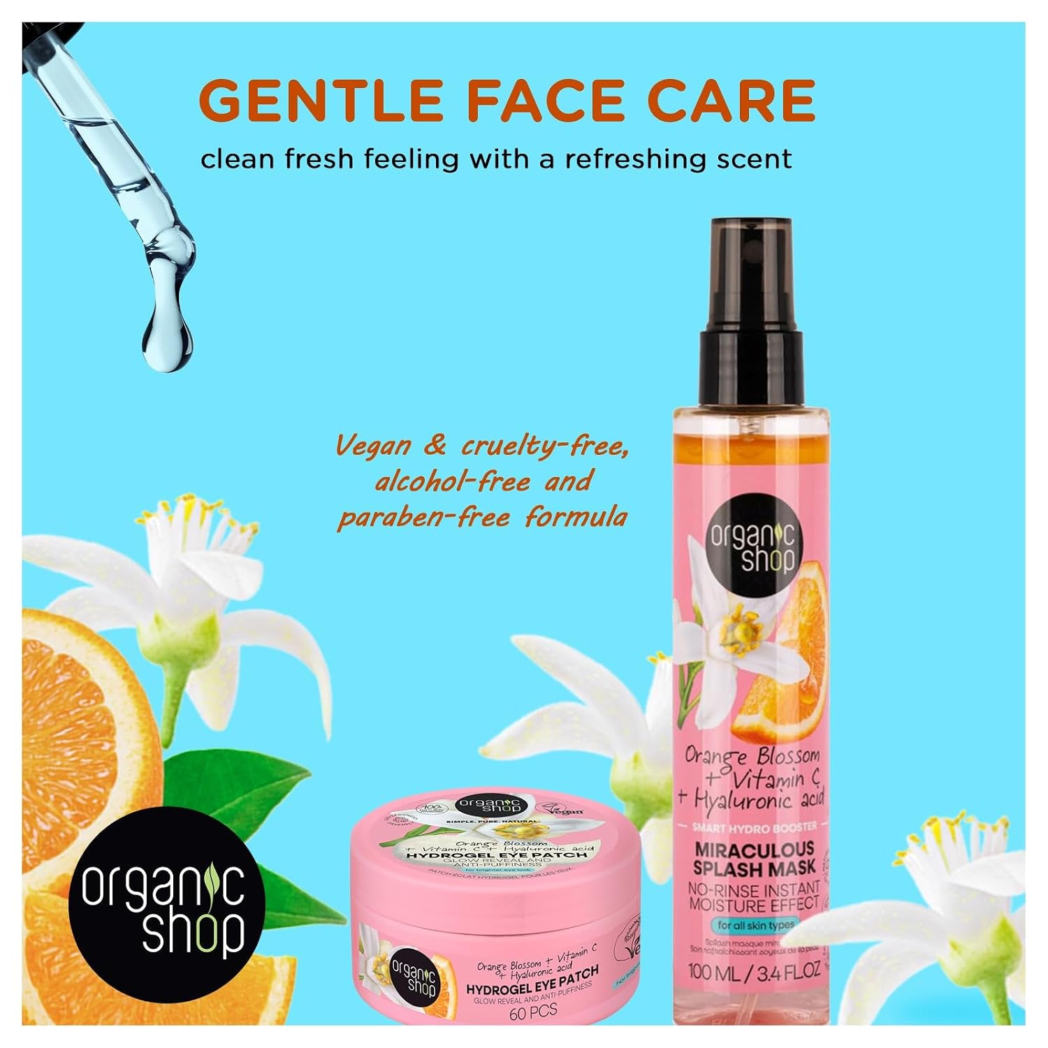 Organic Shop Face Care Set: Splash Mask 100 ml and Hydrogel Eye Patches 60 Count, Hydrating and Anti-Puffiness Skincare for All Skin Types, Vegan & Organic (Pack of 2)