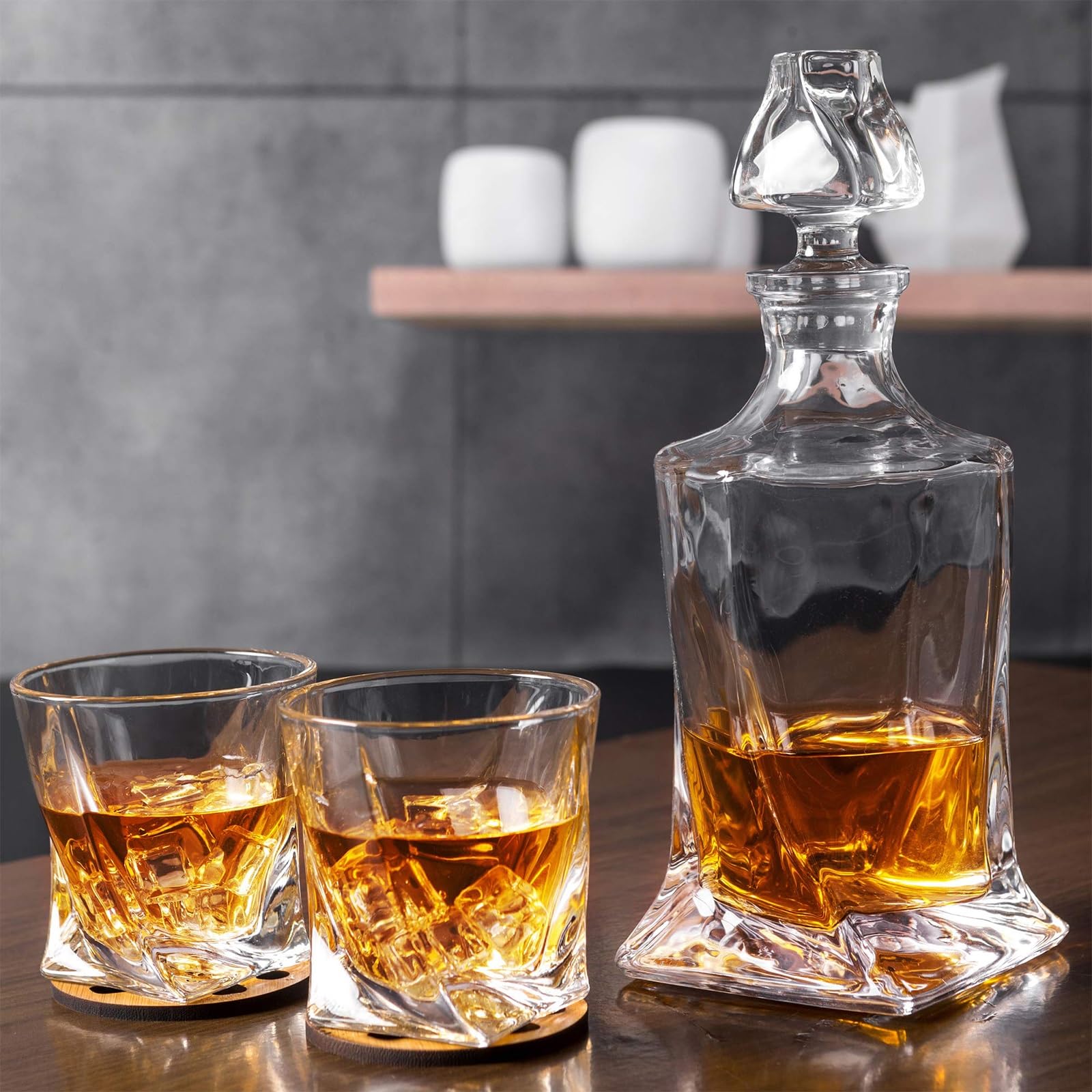 Rzeźba Karafka Whisky, Zestaw Karafki Do Whisky 750 Ml, Premium Kryształowe Karafki Likier Z 6 Antycznych Szklanek Koktajlowych, Szkockiej Whisky, Bourbon, Dzień Ojca