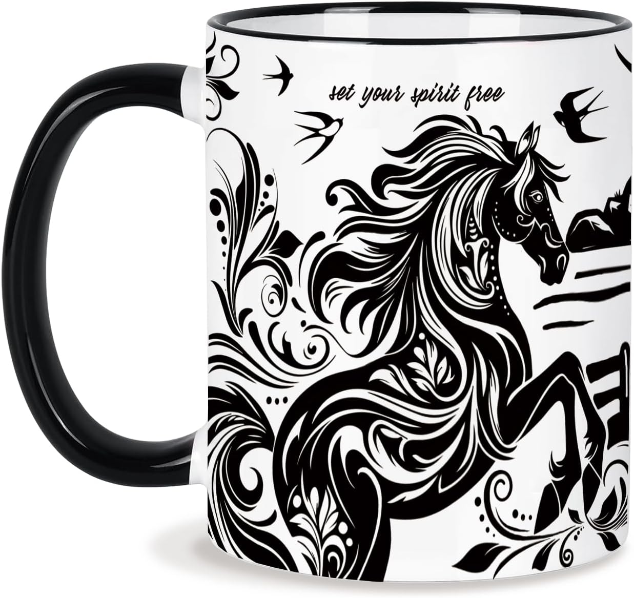 Horse Mug 11 Oz Horse Gifts Valentines Day Birthday Gifts for Women Men, Black and White Boho Mug Equestrian Gift Birthday Gift, Graduation Gift for Women Men, Ceramic Cup Microwave & Dishwasher Safe
