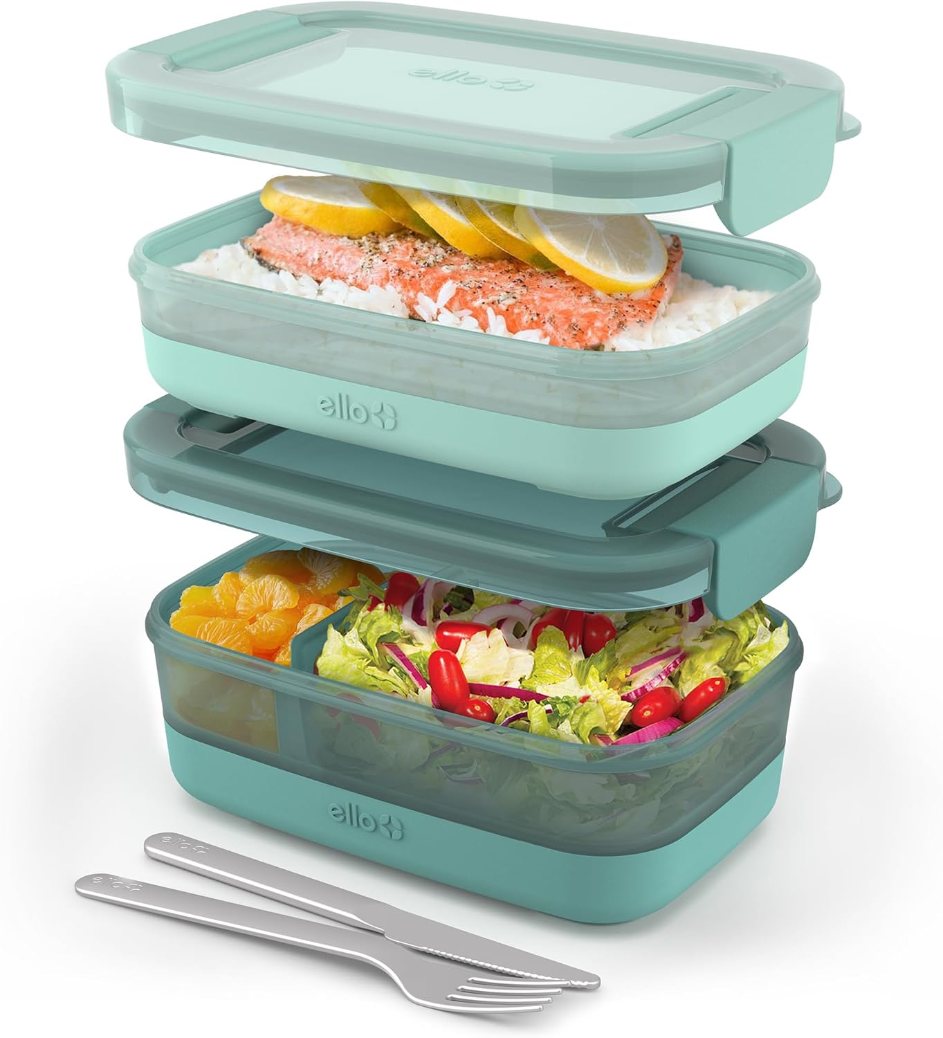 Ello 2-Pack Lunch Stack Plastic Food Storage Container Bento Box with Airtight, Leak-Proof Locking Plastic Lids and Silicone Base, BPA-Free, Freezer, Microwave, and Dishwasher Safe, Guava - Thumbnail 2