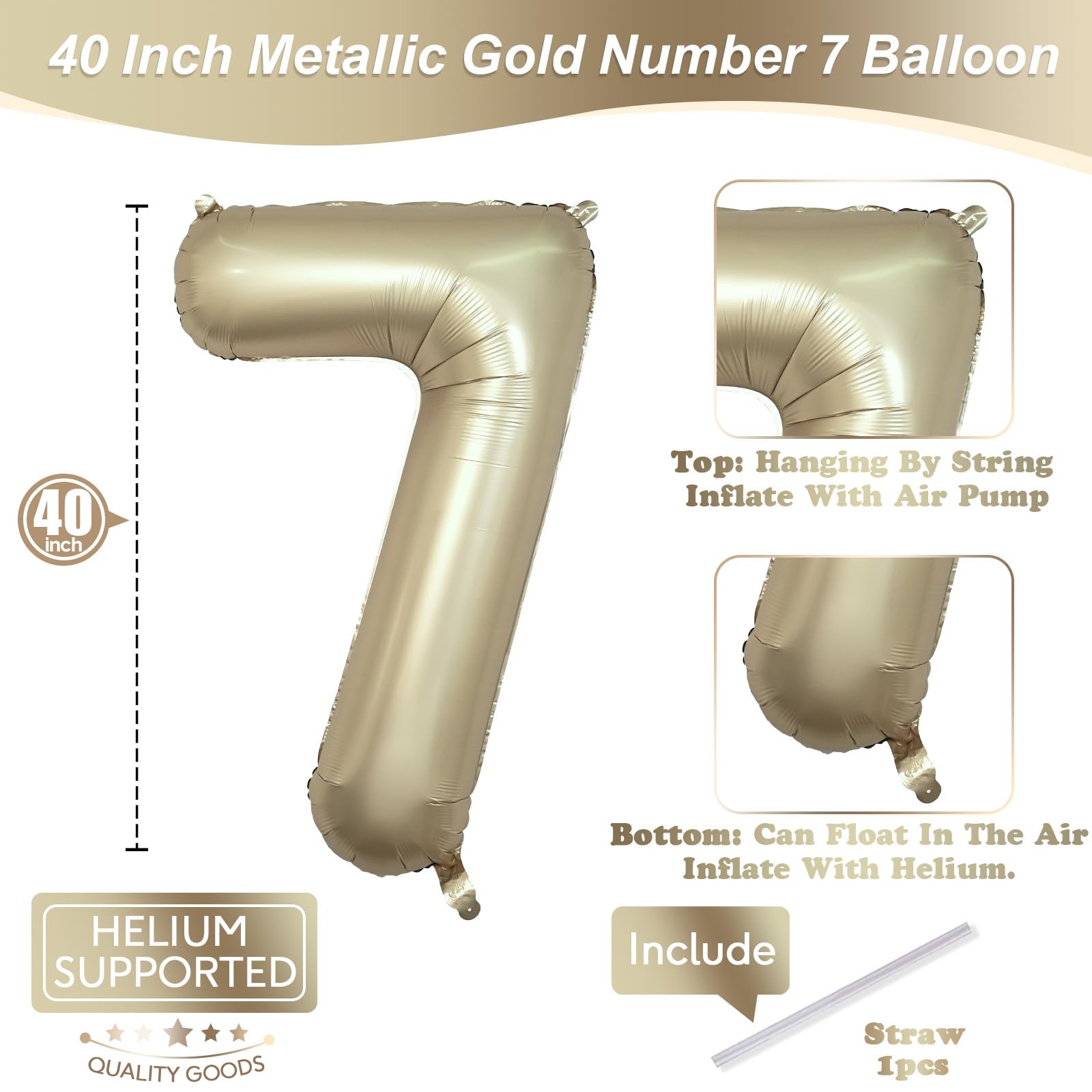 Number 7 Metallic Gold 40-Inch Balloon - Confetti Party Decoration