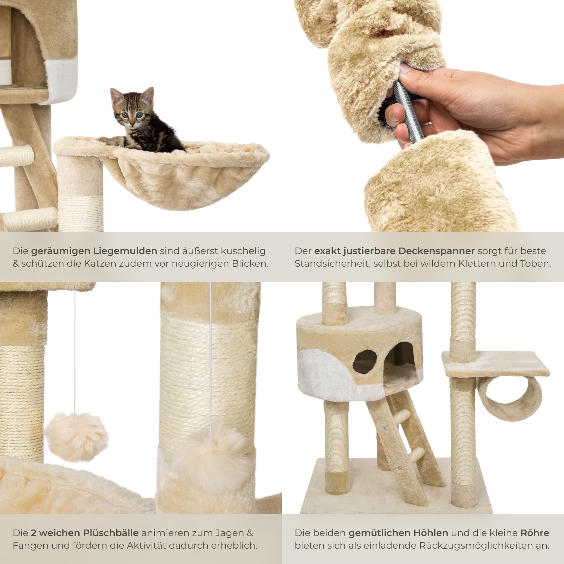 tectake Katzen Kratzbaum, Katzenbaum XXL, Kratzbaum deckenhoch, höhenverstellbar von 243-260cm, Kletterbaum mit Treppe, Höhle, Röhre, Liegemulde und Sisalsäule - beige/weiß