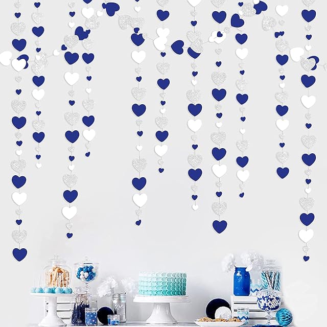 52 Ft Navy Blue Silver Love Heart Garlands Silver Royal Blue Hanging Streamer Banners for Anniversary Bachelorette Engagement Wedding Baby Bridal Shower Birthday Valentines Party Decorations Supplies