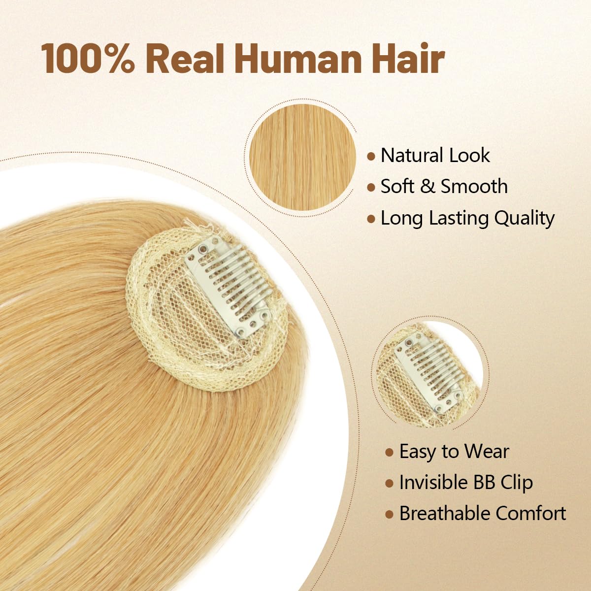 Clip On Bangs Real Human Hair Honey Blonde Lightweight Natural Fringe with Side Strands, Easy Secure Clips, Perfect for Quick Makeover