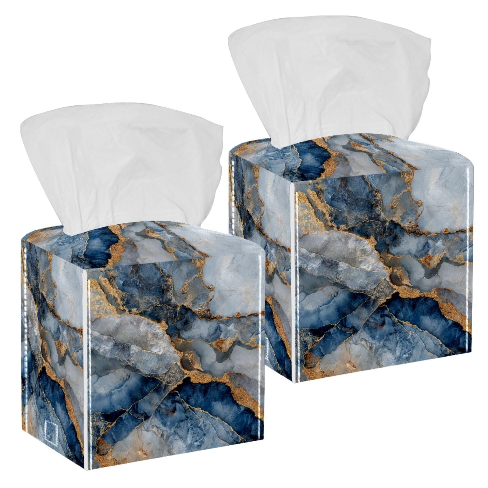 Marble Texture Tissue Box Cover, 2 Pack PU Leather Square Facial Tissue Dispenser Box holder for Home Office Car
