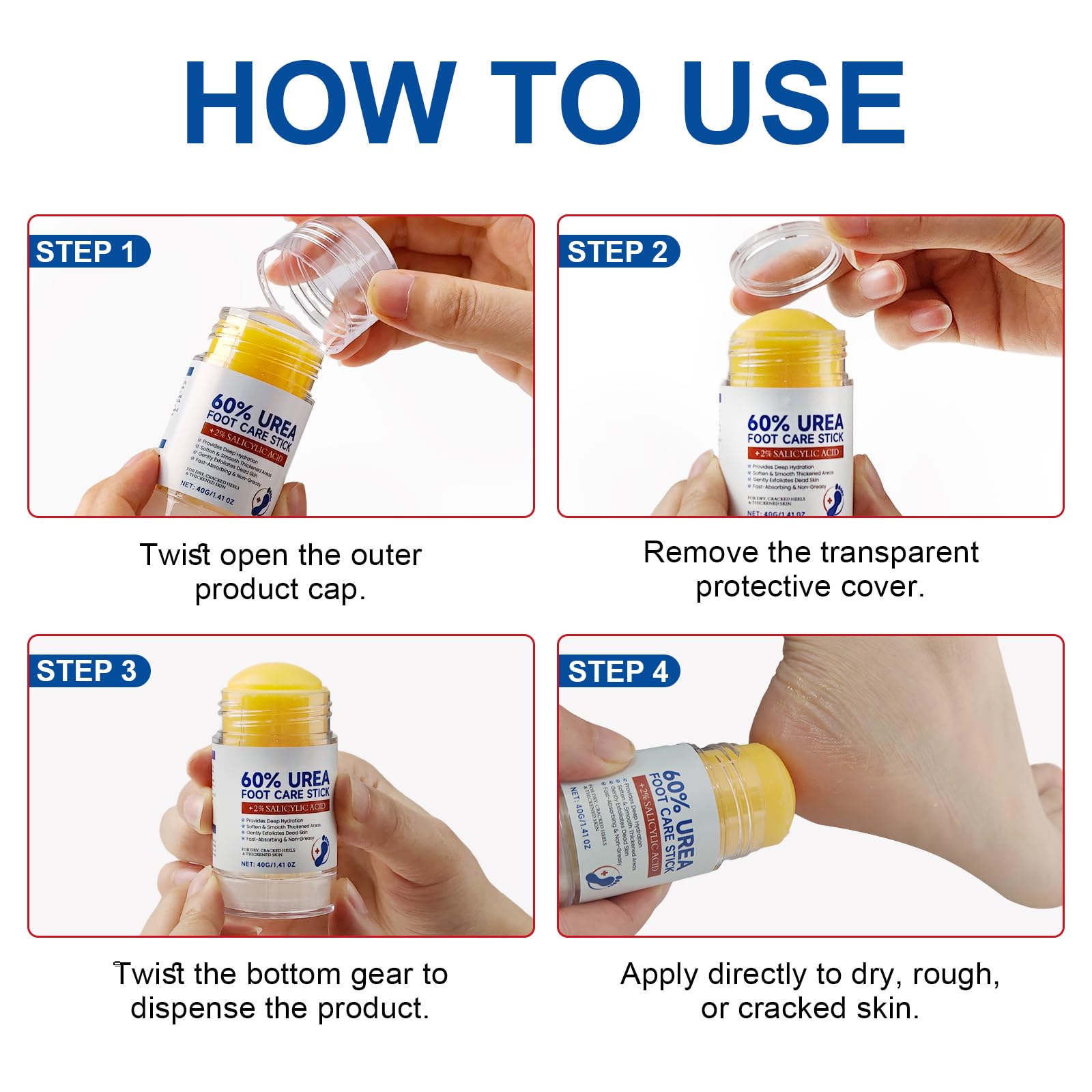 2 Pack 60% Urea + 2% Salicylic Acid Cream Stick | Intensive Moisturizing Balm for Rough & Dry Skin | Exfoliating Foot & Hand Softener | 1.4oz Twist-Up Stick - 4