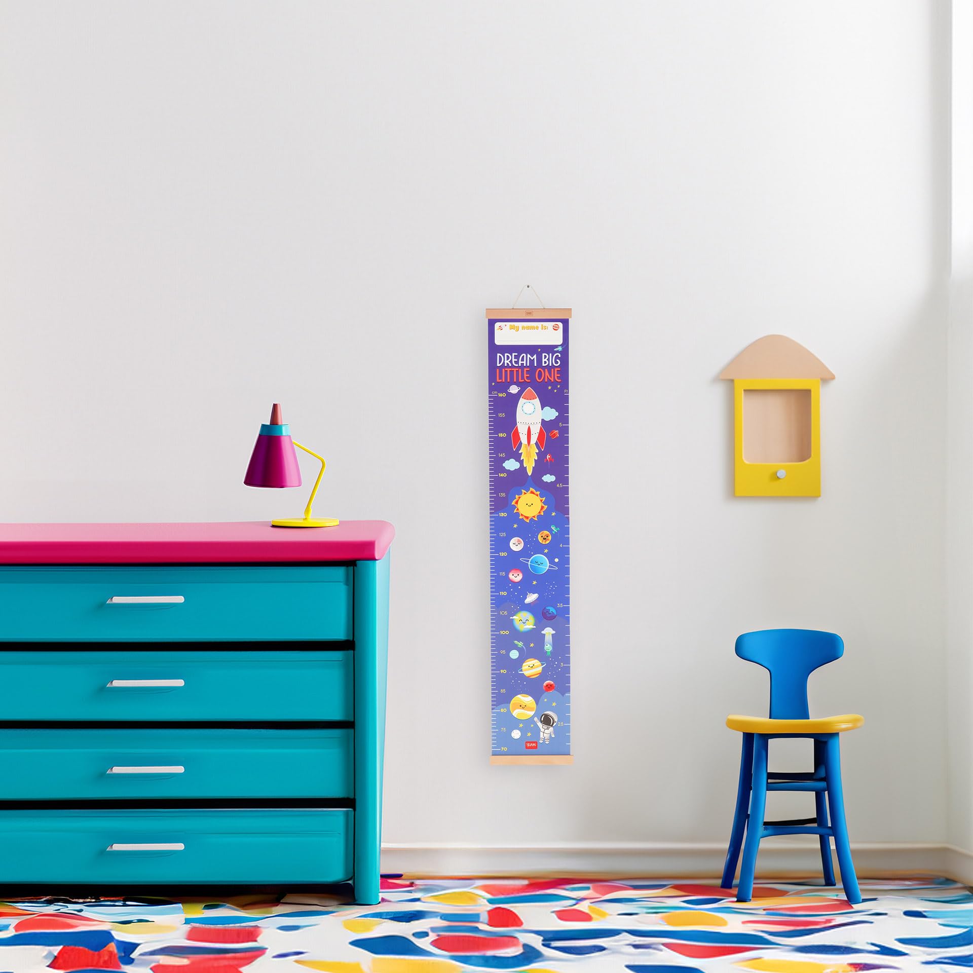 Legami - Mètre mural Dream Big Little One, mètre à suspendre pour mesurer la hauteur des enfants, jusqu'à 160 cm, 41 autocollants inclus, avec lattes en bois, thème espace, Bleu