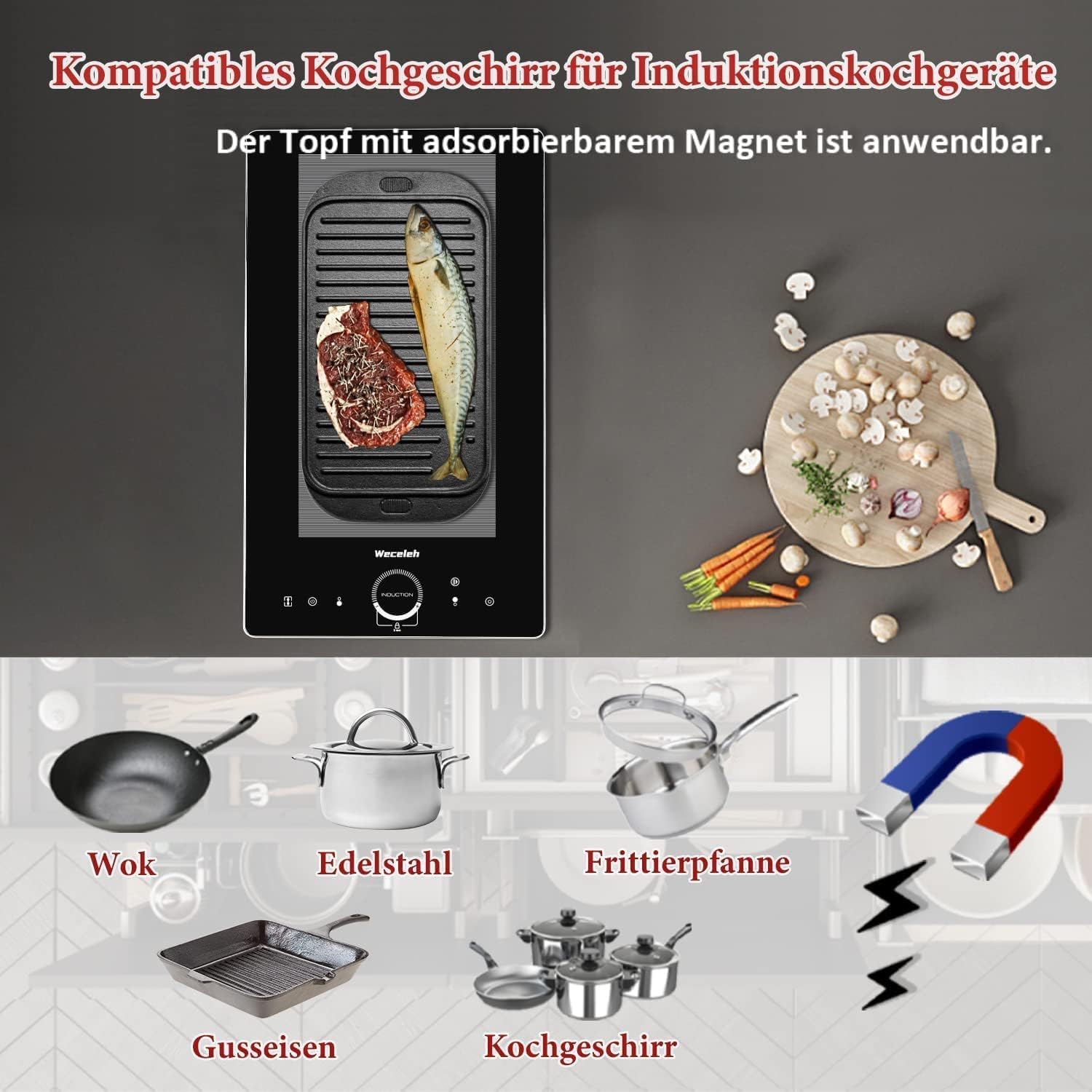 Piano cottura a induzione Weceleh, piano cottura a induzione integrato 28cm 2 zone, piastre doppie con controllo touch, booster di potenza, spegnimento automatico, timer, serratura bambino, nero