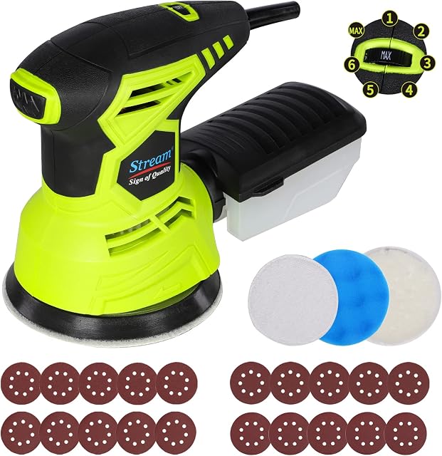300W Random Orbital Sander for Wood, 125mm 13000RPM 7 Speeds Electric Sander with Dust Collection, 20 Pcs Sandpapers, 3pcs Polishing Pads, Compact Orbit Sander for Wood, Furniture Decoration