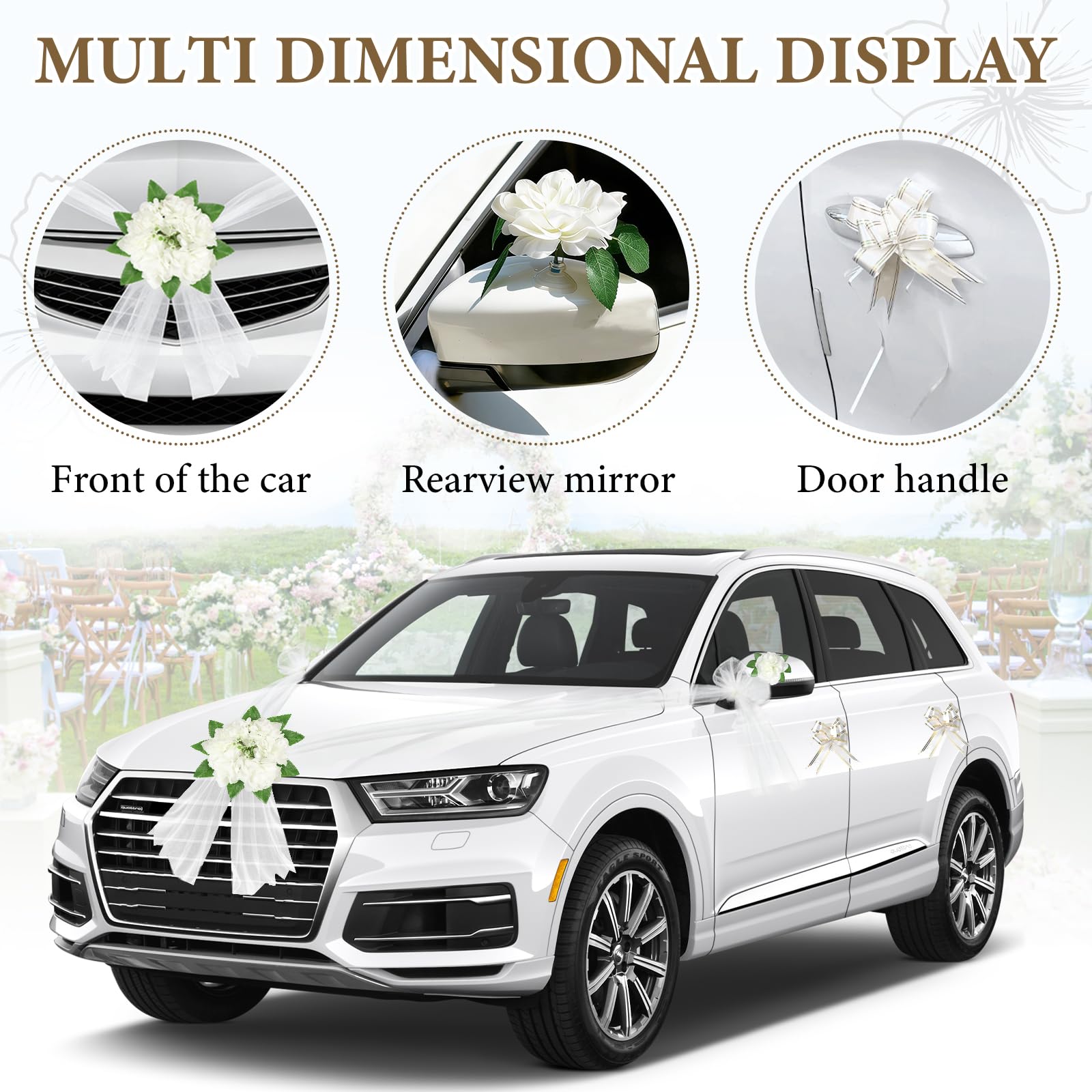 Decorazione Auto Matrimonio, Set con 1 Fiore per Paraurti Anteriore, 1 Nastro di Tulle (4,7m), 2 Fiori per Specchietti, 4 Nastri Decorativi, ecc. – Adatto alla Maggior Parte dei Modelli