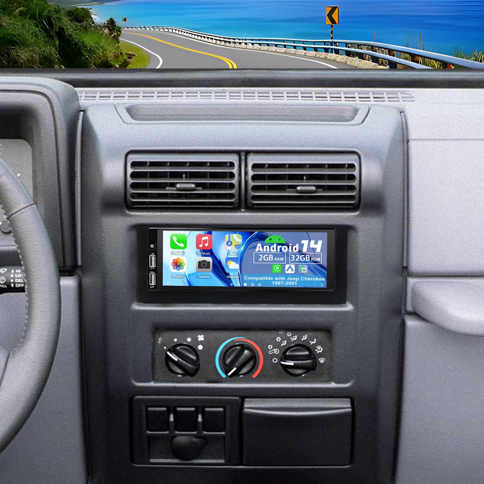 Android 14 Double Din Car Stereo Upgrade Radio for Jeep Cherokee 1997-2001, 2G+32G 6.86" Touchscreen Wireless Carplay Android Auto GPS WiFi Bluetooth RDS DSP SWC Mirrorlink Mic Backup Camera