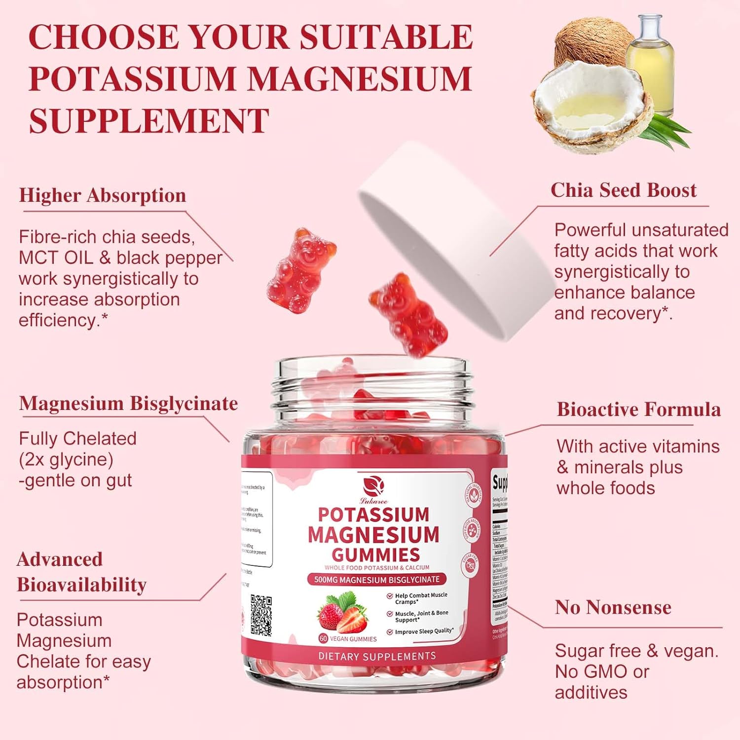 (2 Pack) Magnesium Potassium Supplement Gummies - New Formula Calm Magnesium Bisglycinate Gummies & Plant Potassium Plus Chia Seeds, B6, D3, K2 & Calcium for Sleep, Leg Cramps & Muscle -Vegan,60 Count - Image 4