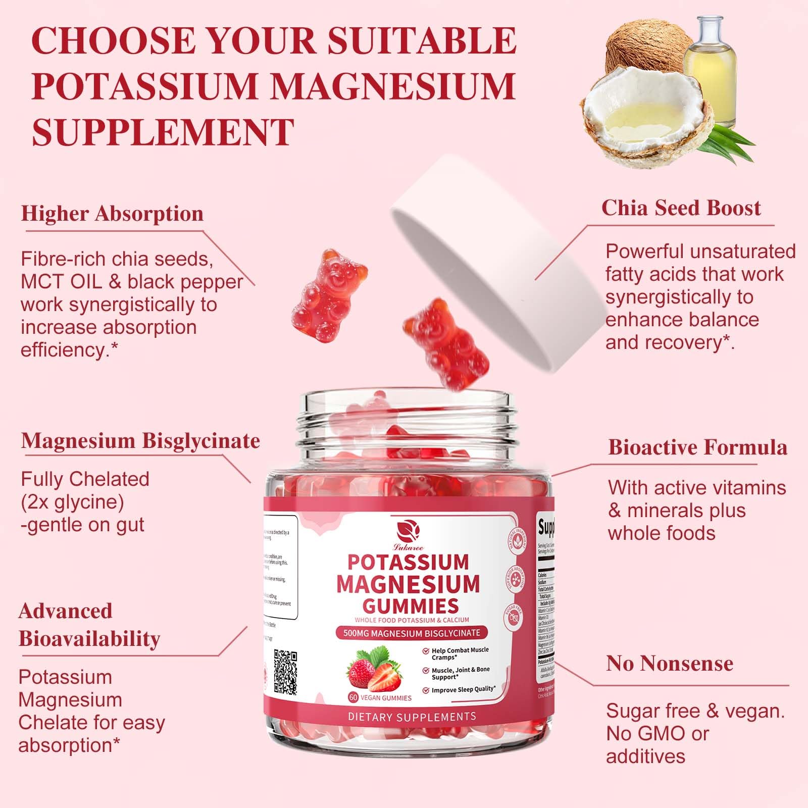 (2 Pack) Magnesium Potassium Supplement Gummies - New Formula Calm Magnesium Bisglycinate Gummies & Plant Potassium Plus Chia Seeds, B6, D3, K2 & Calcium for Sleep, Leg Cramps & Muscle -Vegan,60 Count