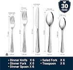 KINGSTONE Hammered Silverware Set, 30-Piece Flatware Set, 18/10 Stainless Steel Premium Cutlery with Unique Ripple Handles Design Mirror Polished - Dishwasher Safe