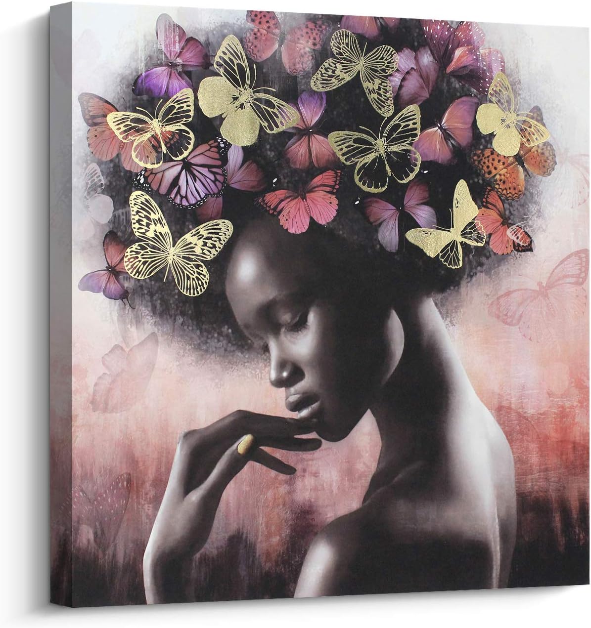 Pi Art Canvas Wall Art Abstract Sexy Beauty with Butterflies Gold and Red Wall Decor, African American Black Art Modern Wall Painting for Home Decor Stretched Ready to Hang (32x32 inch, A)
