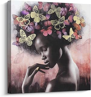 Pi Art Canvas Wall Art Abstract Sexy Beauty with Butterflies Gold and Red Wall Decor, African American Black Art Modern Wall Painting for Home Decor Stretched Ready to Hang (24x24 inch, C) - coolthings.us