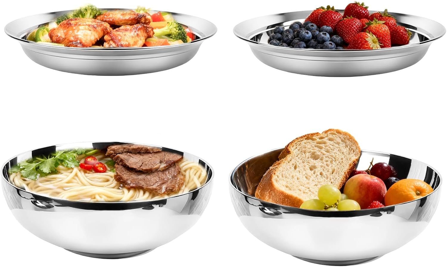 4-Piece Stainless Steel Pasta Plates and Bowls Set 8.6 inch, 47oz Large Double Walled 18/8 Metal Soup Salad Bowls & 18/10 Steel Plates Dinner Dishes, Unbreakable for Ramen,Pho,Cereal,Dishwasher Safe