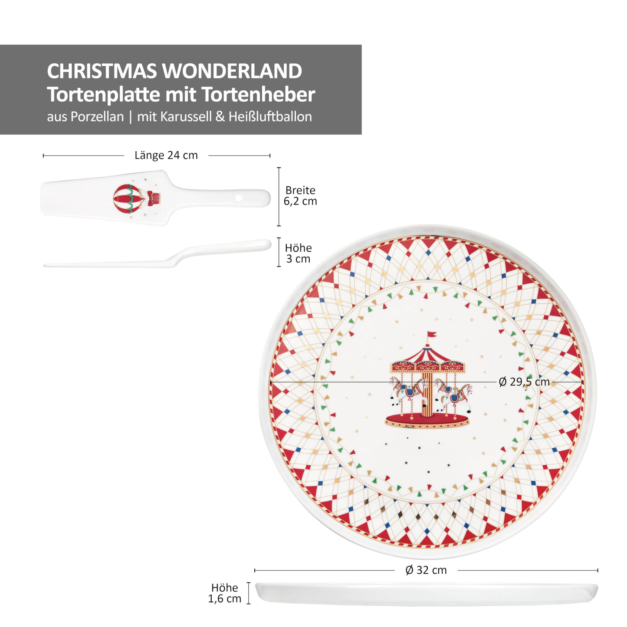 MamboCat Christmas Wonderland Patera na tort, Ø 32 cm, z łopatką do tortów, okrągła porcelanowa podstawka na ciasto z czerwono-złotym wzorem bożonarodzeniowym, na ciastka, babeczki i inne