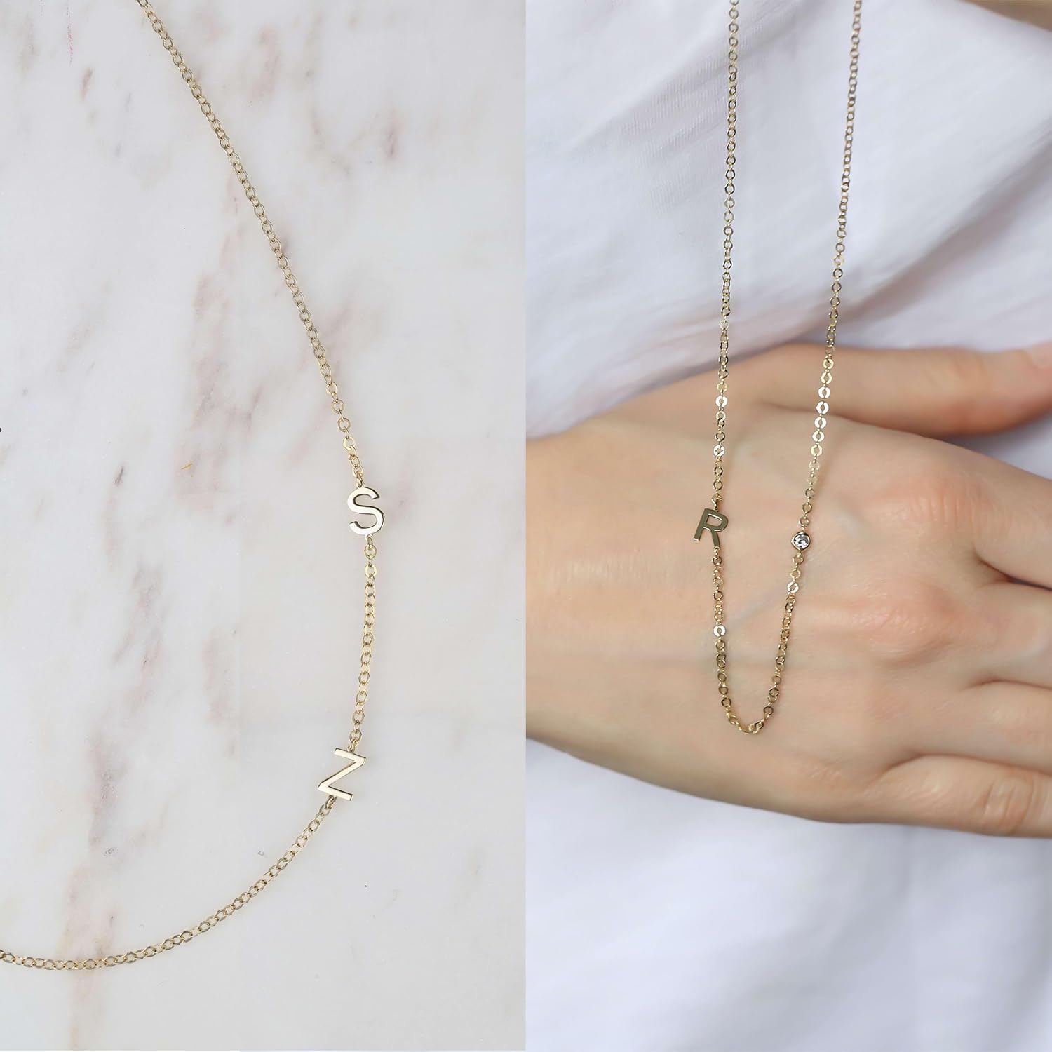 14K Solid Gold Sideways Initial Necklace with Solitaire Diamond - Personalized Gift, Elegant Statement Jewelry, Christmas & Mother's Day Gift