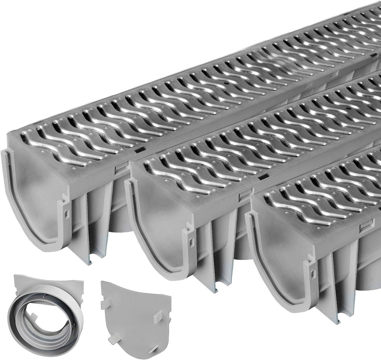 Trench & Driveway Channel Drain with Galvanized Steel Grate - 3 Pack