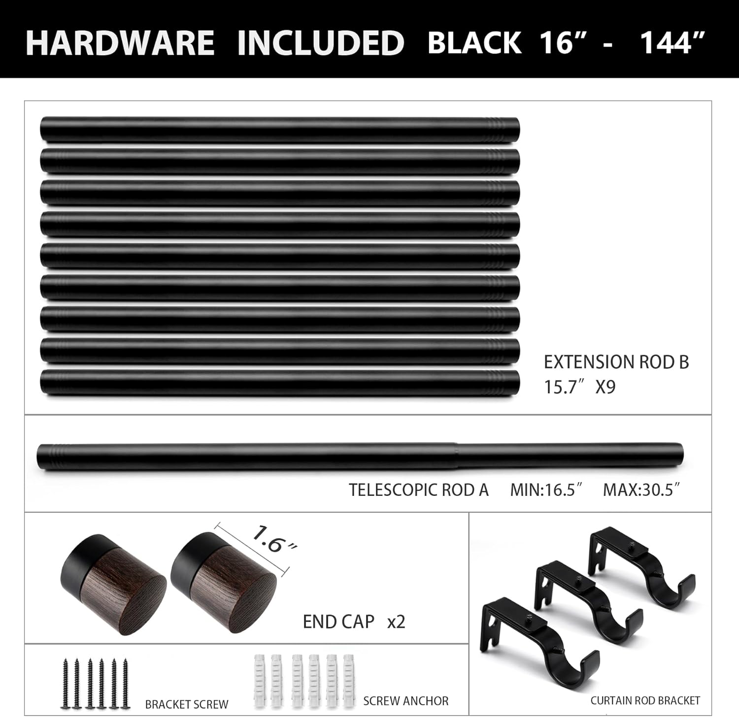 Heavy Duty Rustic Wooden Curtain Rod, 16-144 Inch Adjustable, 1 Inch Diameter Wall Mounted Dark Wood Grain Drapery Rod for Bedroom, Living Room, Study, Dining Room