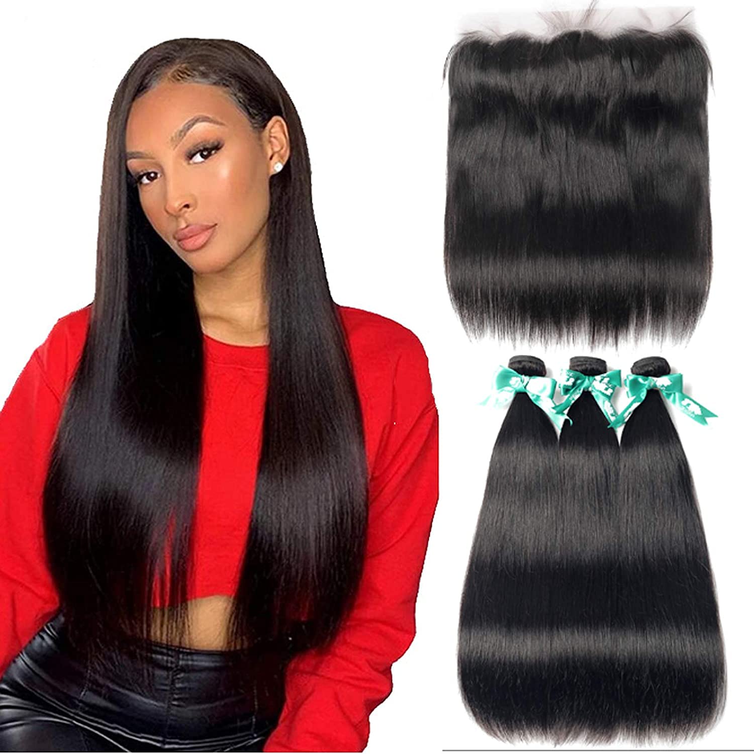 Brazilian Straight Hair 3 Bundles With Frontal Closure(24 24 24+20Frontal) 13x4 Ear to Ear Lace Frontal Closure With Bundles Unprocessed Virgin Human Hair Bundles With Frontal Natural Color
