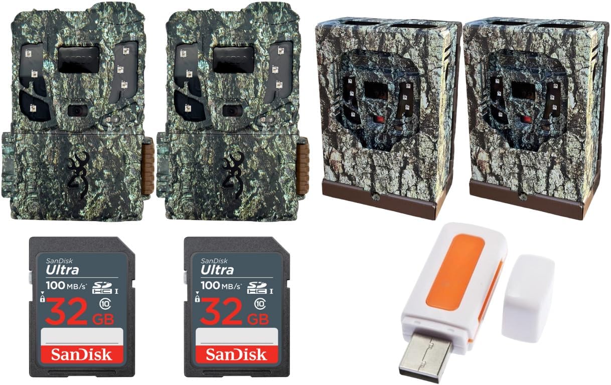Browning Defender Pro Scout Max Extreme HD Cellular Trail Camera with GPS Images and Smart IR Video Bundle with All-Steel Security Box, 32GB Memory Card, and High-Speed Card Reader (2-Pack)