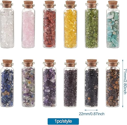 Miniatura 7 de Pandahall - 12 mini botellas de cristal de deseos de piedra de 0.866 x 2.795 in, piedras preciosas sin perforar con tapón de corcho para decoración