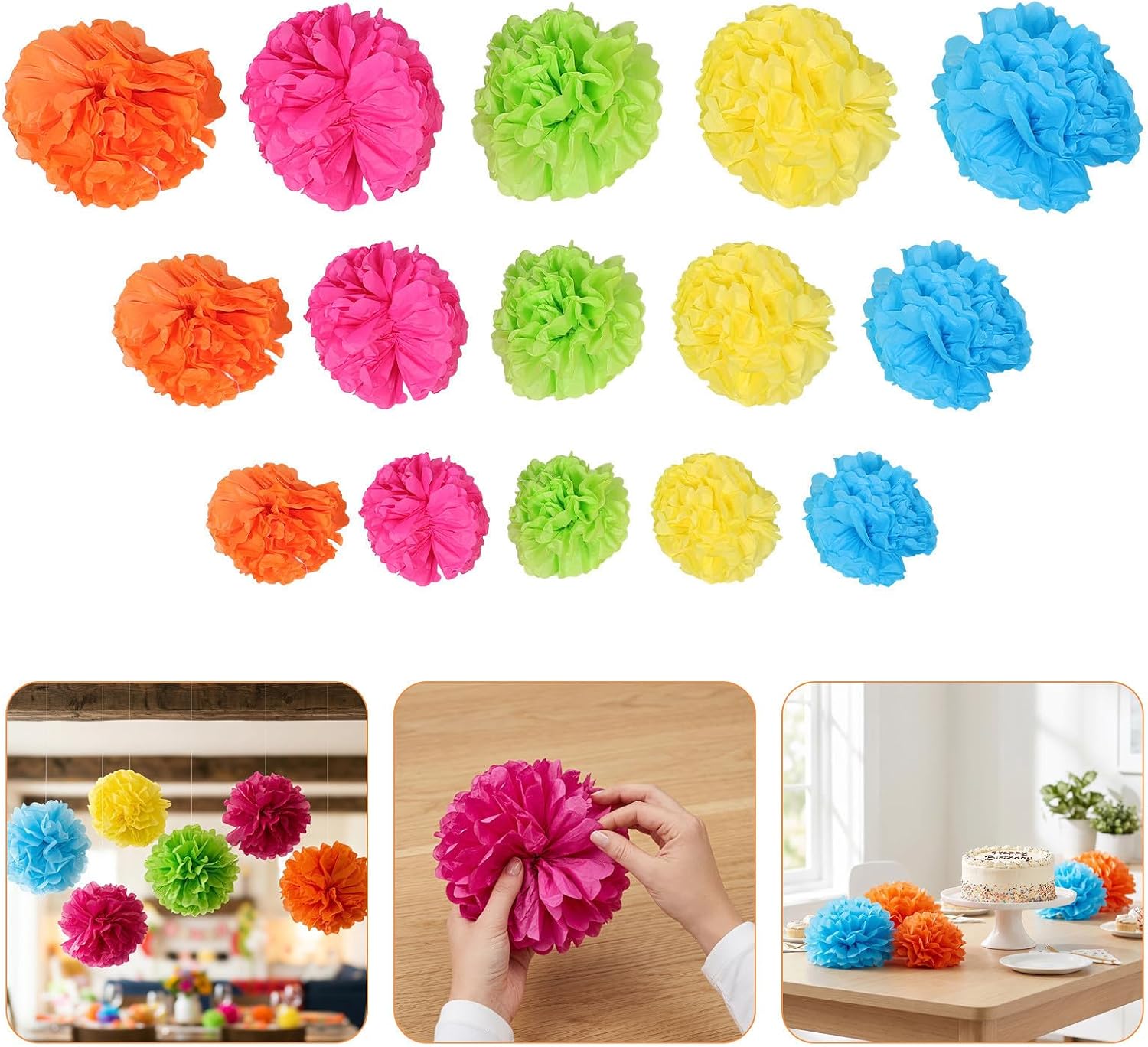 Luxshiny 15pcs Large Tissue Paper Pom Poms for Holiday Celebrations and Nursery Wall Decor, Lightweight and Reusable Party Hanging Decorations