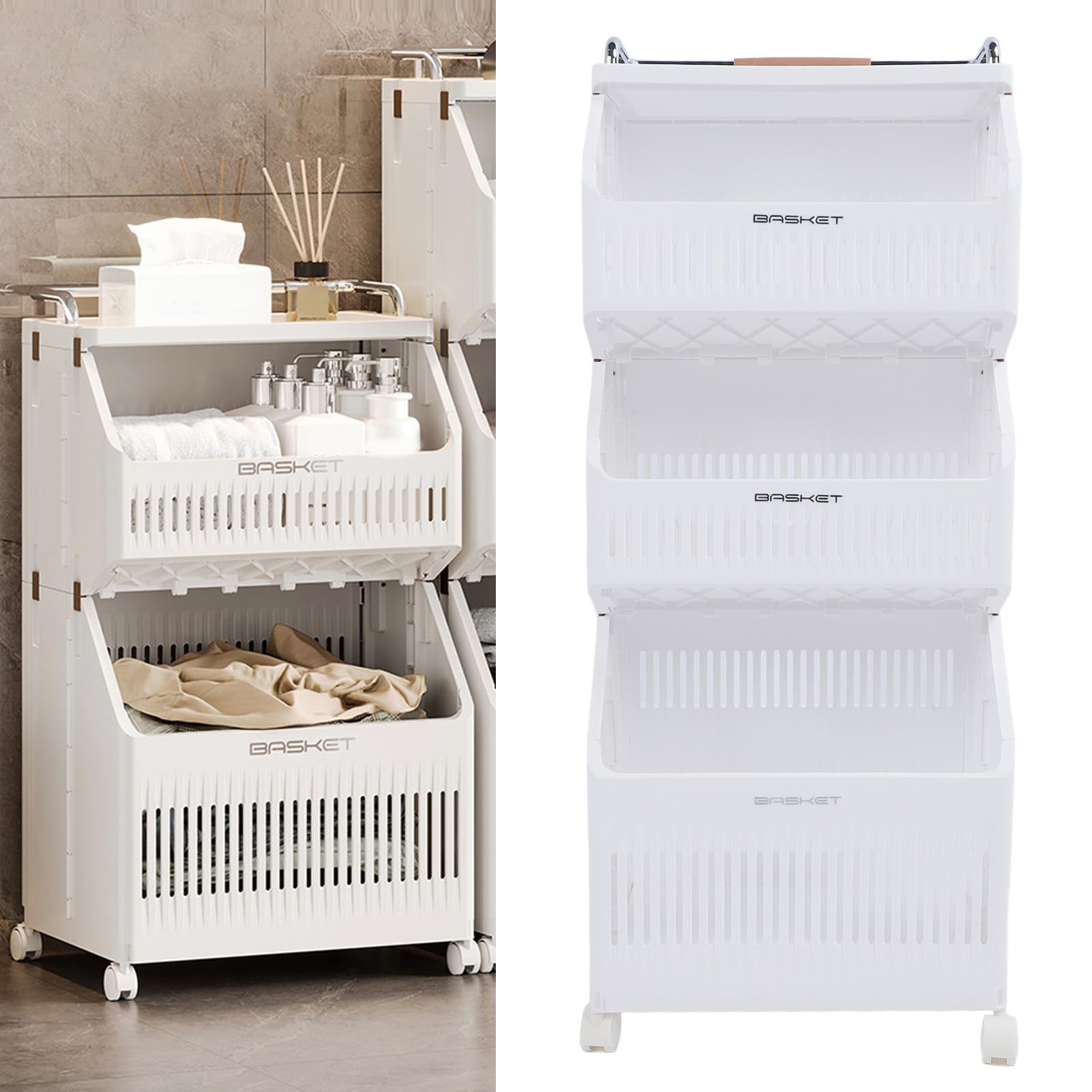 Luqeeg Carrello Portaoggetti con Ruote Organizer per Biancheria Organizer Multiuso Cesto Portabiancheria Pieghevole con 4 Ruote per Bagno Lavanderia Soggiorno Cucinotto 3 Ripiani (2 strati)