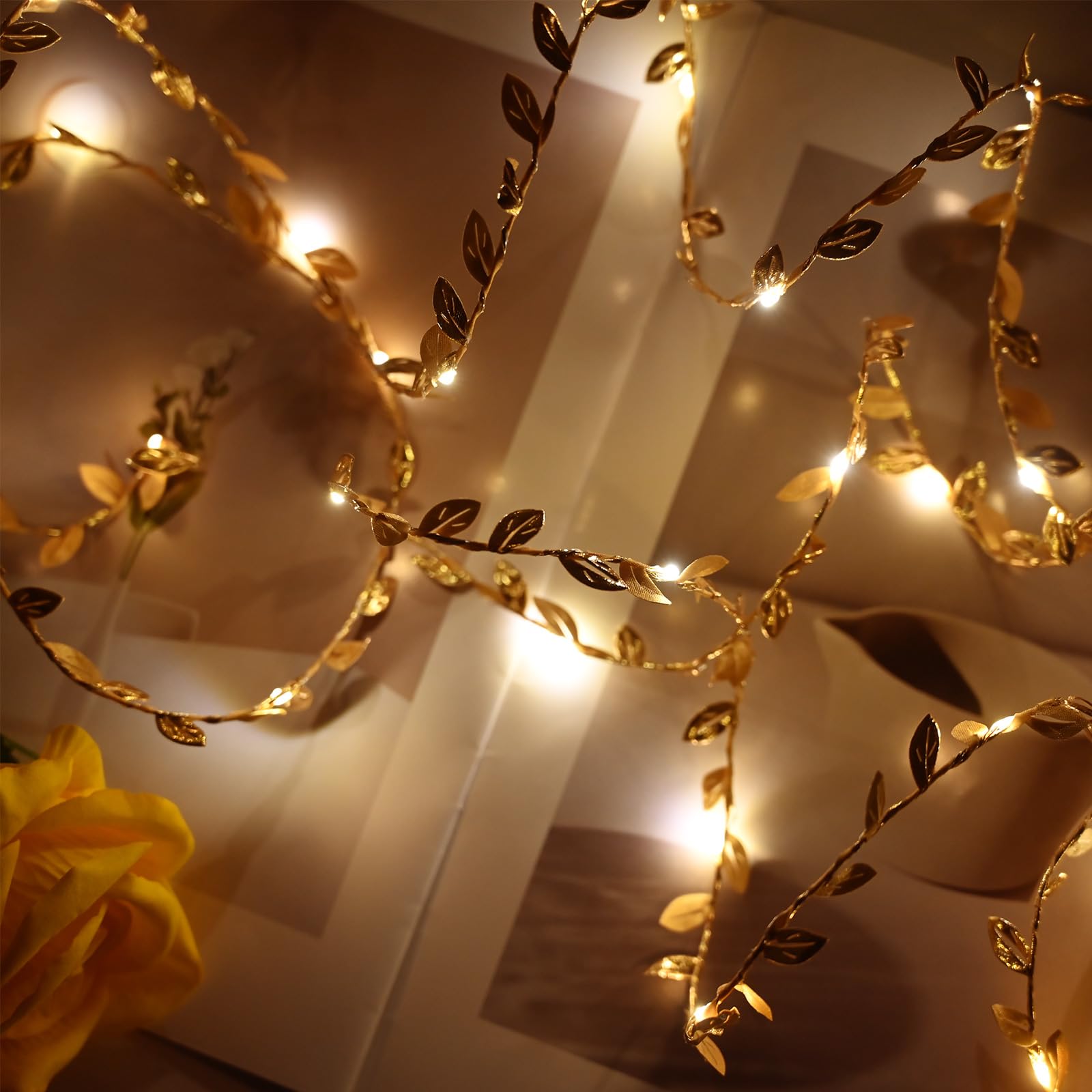 2 Pack 9.8ft Vine Fairy String Lights Artificial Leaf Plants Hanging Light 20 LED Ivy String Lights Battery Operate Fake Leaves Vine Lights for Indoor Home Bedroom Wedding Party Wall Decor (golden)