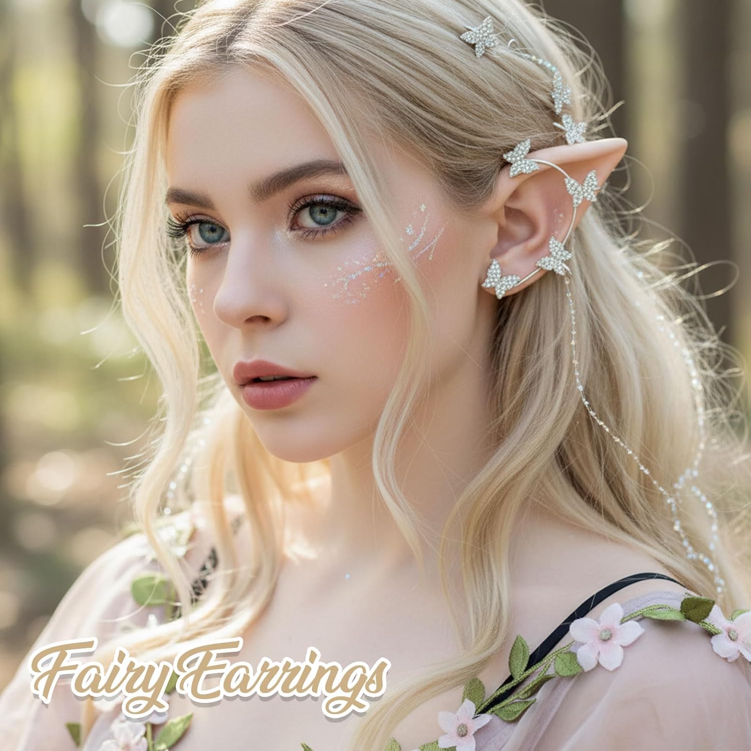 Yaomiao 4 Pairs Butterfly Earrings Ear Cuffs Fairy Costume Accessories Glitter Rhinestone Butterfly No Piercing Ear Clip for Women Girls Show, Wedding, Party, Christmas - Image 4