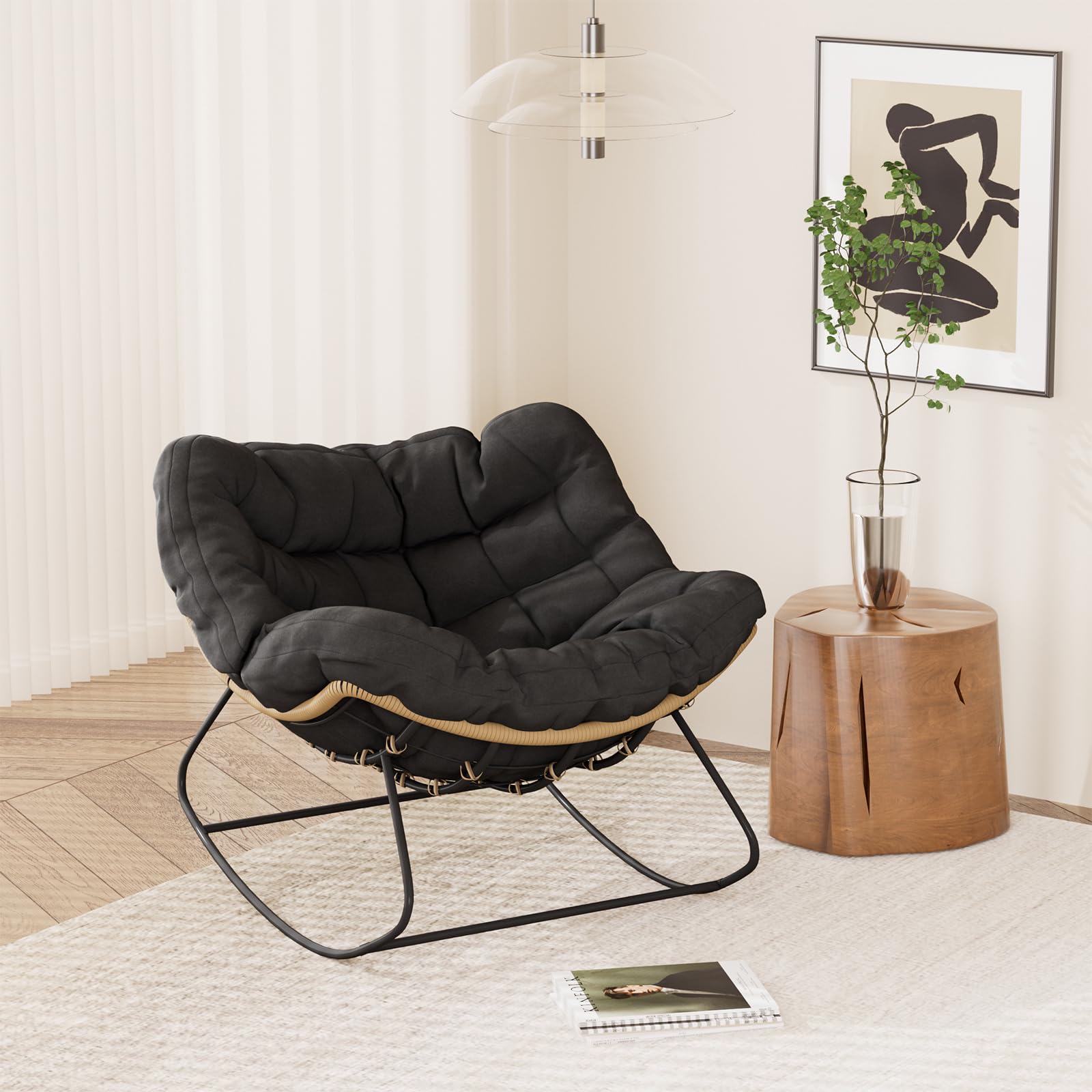 TWSOUL Mecedora para jardín, salón, relax, sillón de ratán, silla mecedora con acolchado, soporta hasta 150 kg, para jardín, dormitorio, salón, balcón (negro)
