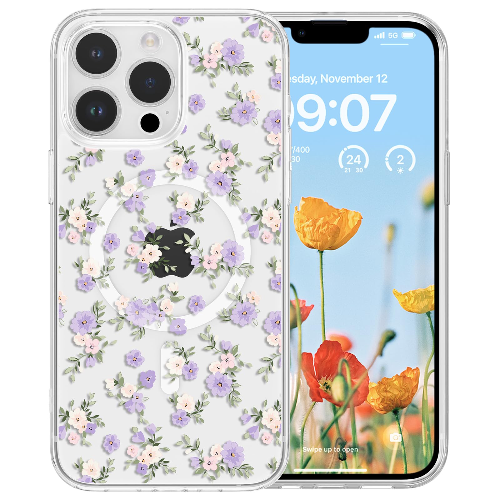 RALEAVO for iPhone 14 Pro Case Compatible with MagSafe Clear Floral Pattern Design Cute for Girls Women Slim Magnetic Hard Back Shockproof Phone Case
