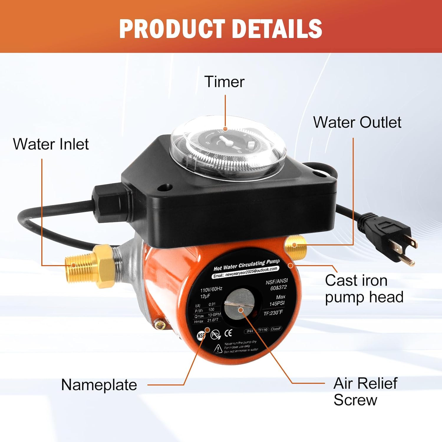 Hot Water Recirculating Pump Kit for Tank Water Heaters with 304 Stainless Steel Sensor Valve, Recirculating Pump for Water Heater with Timer Recirculating System, Complete accessories (Orange)