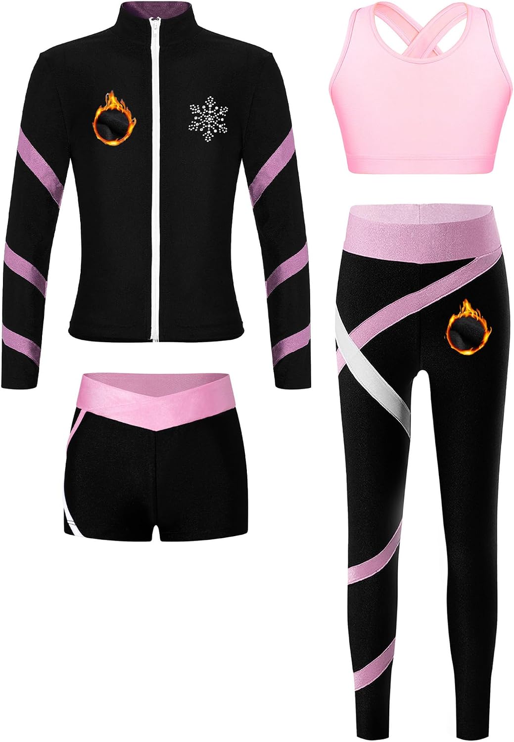 Kids Girls Dance Outfits Long Sleeve Fleece Sport Jacket Dance Crop Top Figure Skating Tights and Short