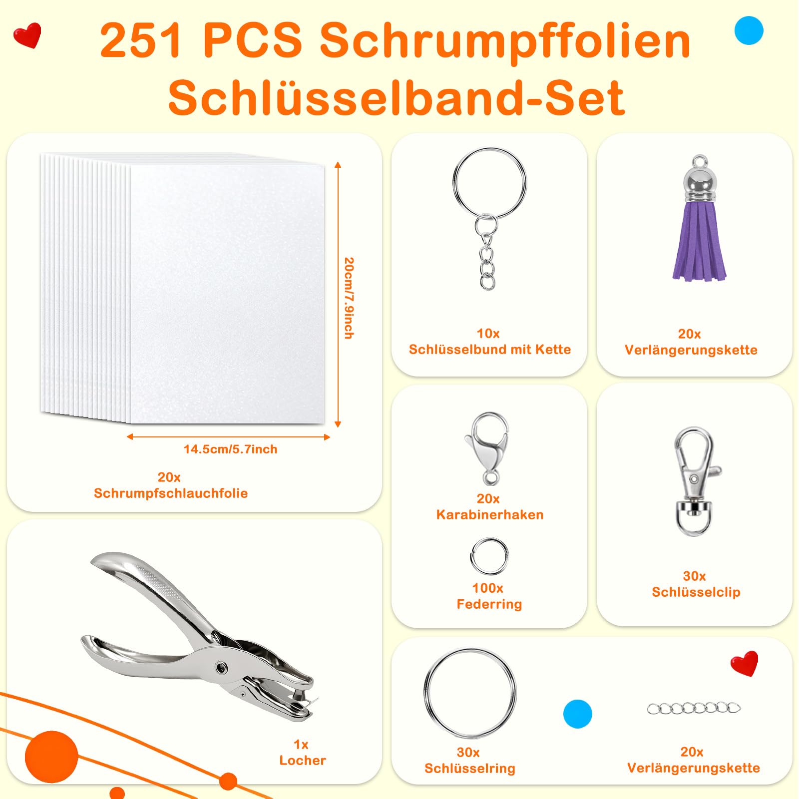 251er Set Schrumpffolie Schlüsselanhänger Mit Schrumpffolie A5 – Für DIY, Basteln Für Teenager, Schlüsselanhänger Basteln Kinder, Schrumpffolie Anhänger, Bastel Set Zur Handwerklichen Gestaltung
