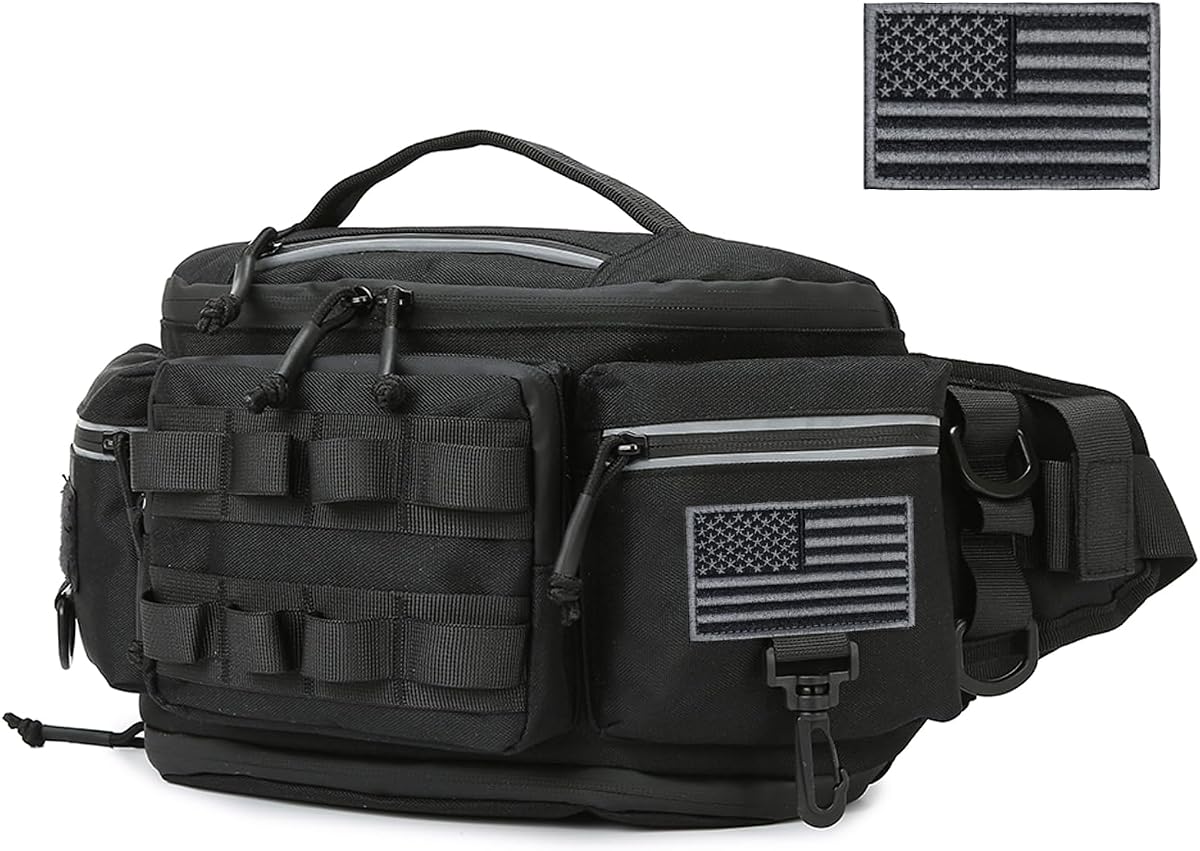 Tactical Fanny Pack for Men Women Military Waist Bag EDC Pouch Hip Belt Bags Fishing Hiking Camping with Patch (Black)